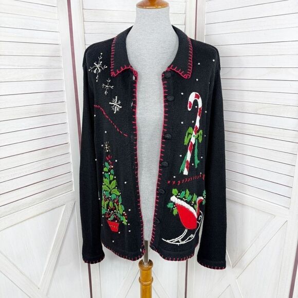 Vintage Ship N Shore Sport Christmas Cardigan Embellished Ugly Sweater Black - Picture 1 of 10